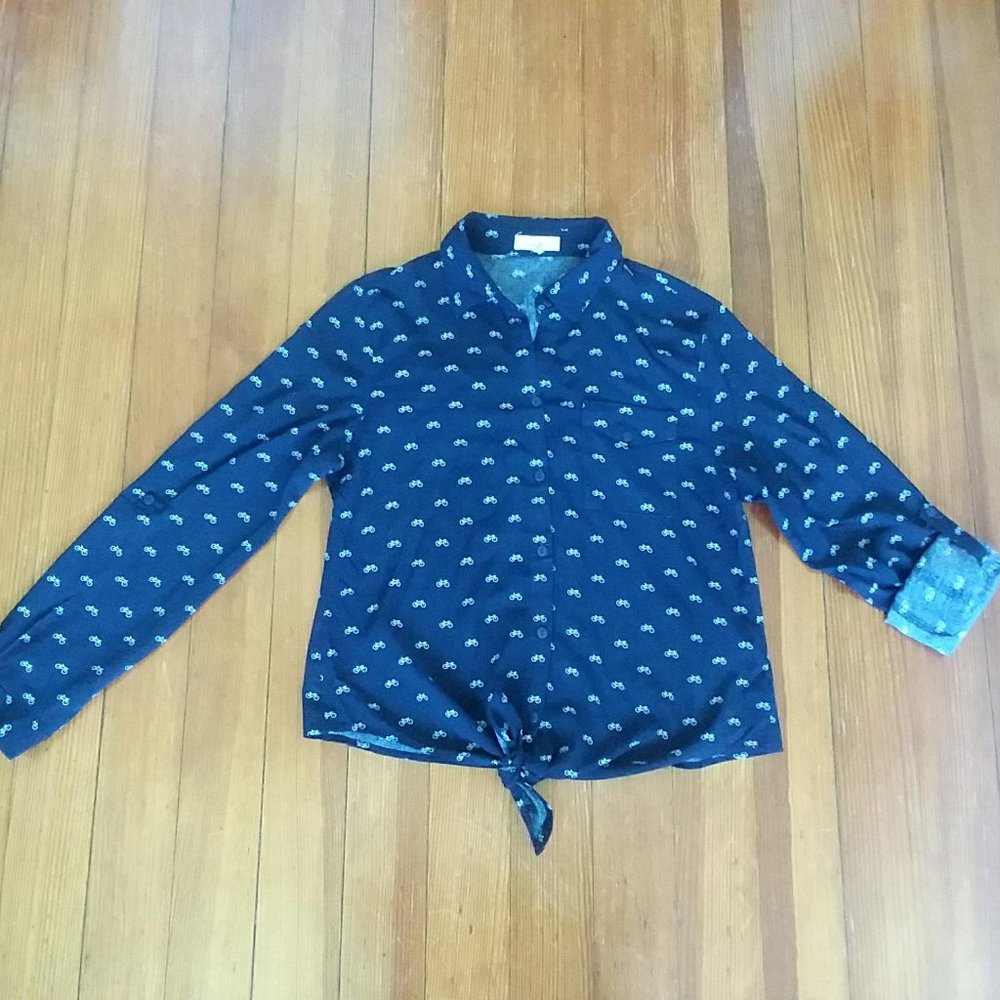 Tie-front, button, BICYCLE print, by Love Notes